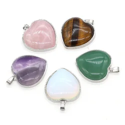 Natural Stone Pendant Metal Alloy Peach Heart Shape Reiki Pendant  for DIY Jewelry Necklace Bracelet Accessories Size 32x35mm