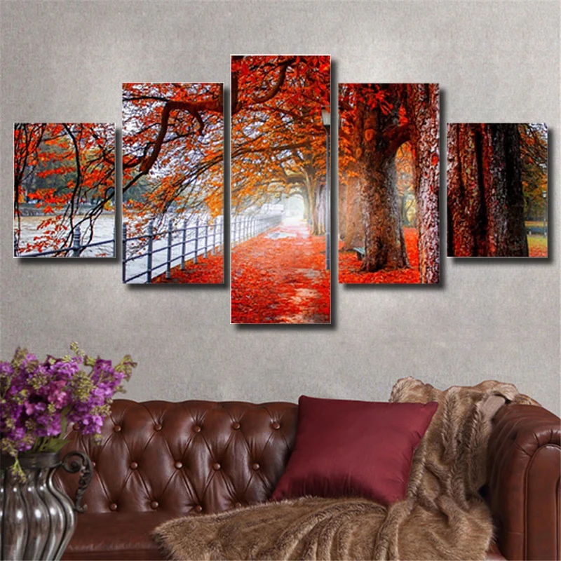 5 Panels Landscape Paintings Canvas Natural Maple Forest Lake Modern Wall Art Decor Poster For Bedroom Living Room Home Decor