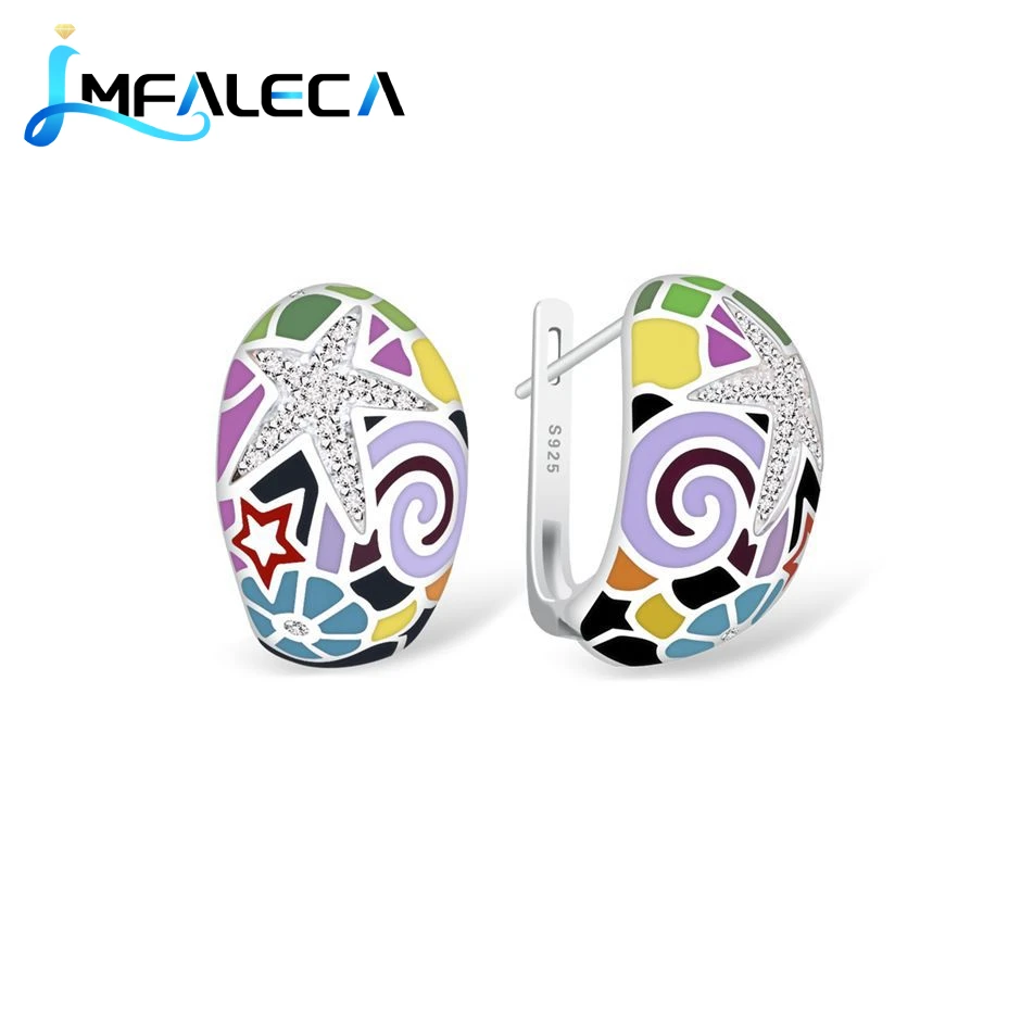 LMFALECA Women 925 Sterling Jewelry Sets Multicolor Enamel Pattern Clip Earrings Ring Necklace Fine Luxury Birthstone Jewelry