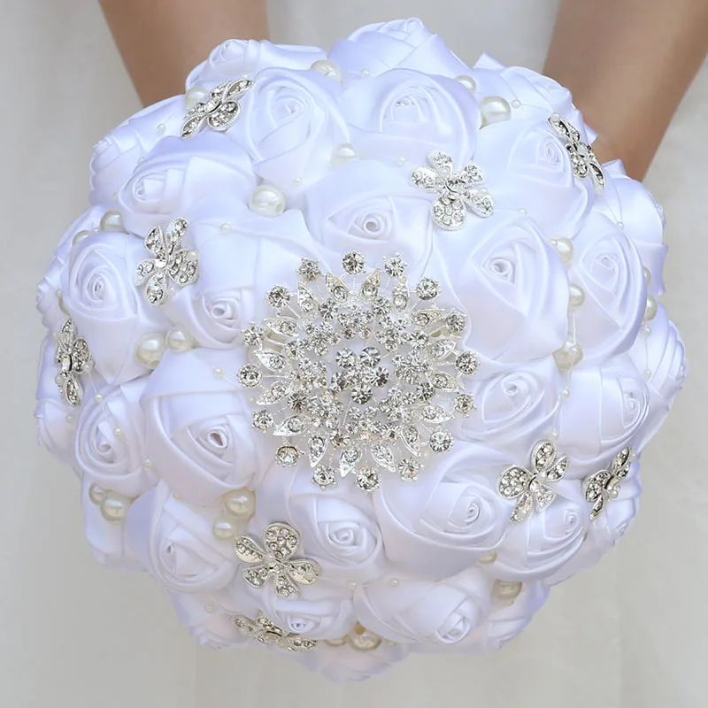 Handmade Ribbon Wedding Rose Flowers Rhinestone Bridal Bouquets Pearl Bridal Holding Bouquet Fleur Artificielle Mariage W224D