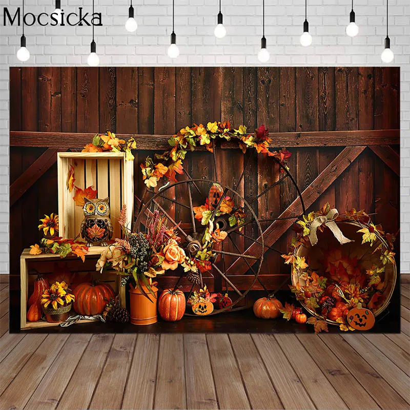 

Mocsicka Children Portrait Autumn Backdrop Photography Props Maple Leaf Brown Wooden Door Little Pumpkin Background Photo Studio