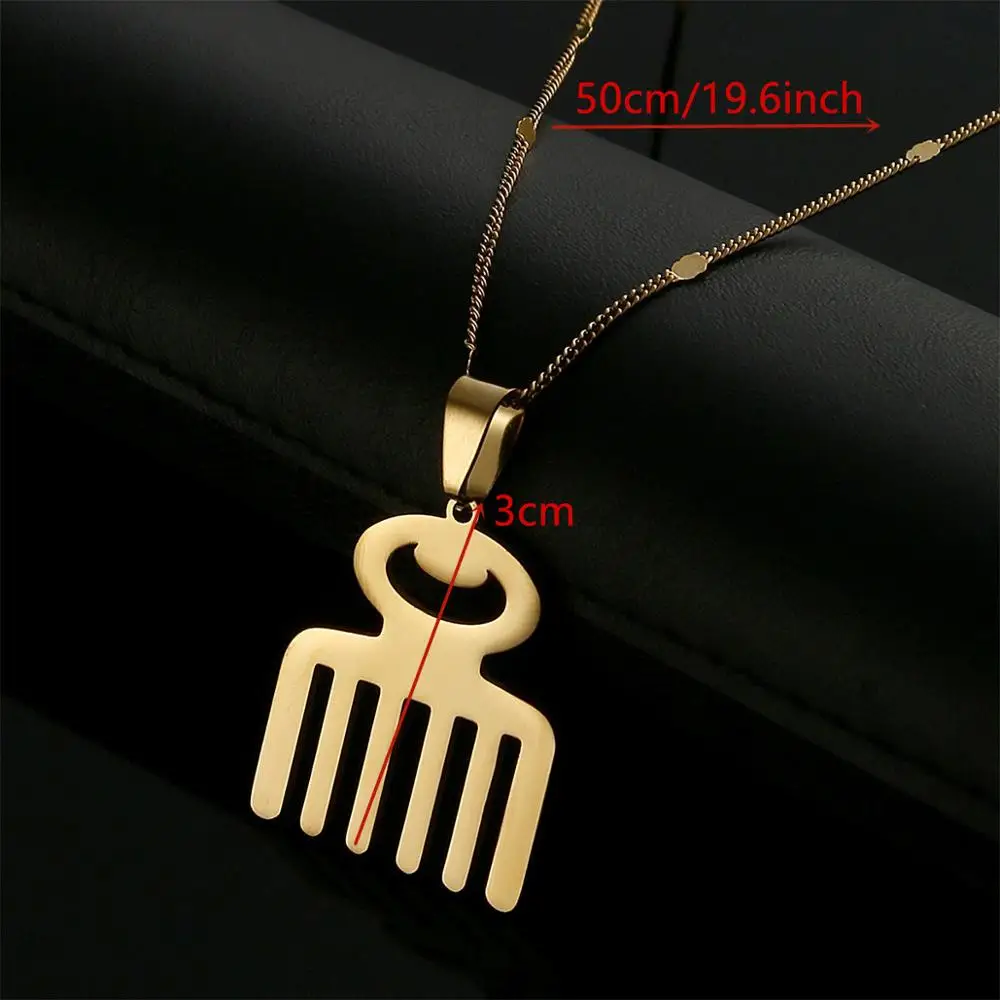 Stainless Steel African Adinkra Symbol DUAFE Wooden Comb Pendant Necklace Beauty Hygiene Jewelry