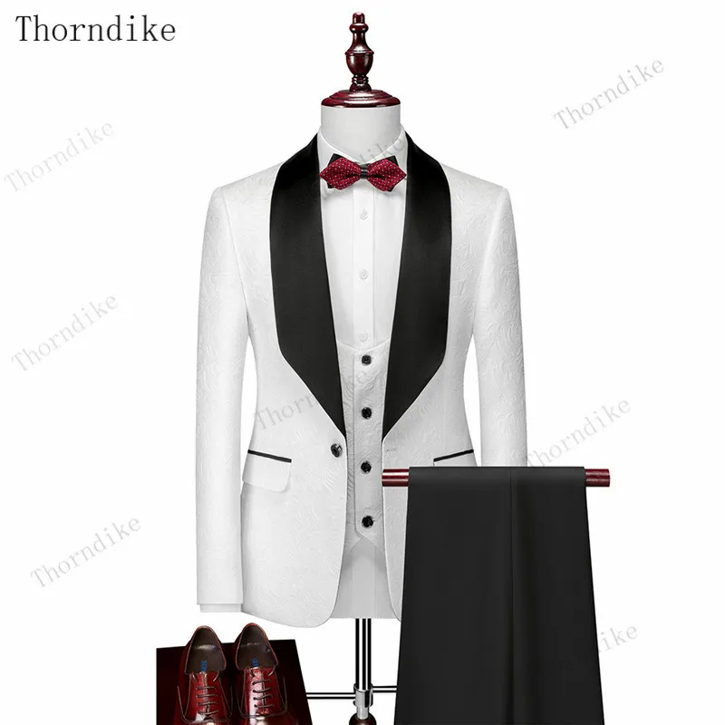 Soit DIKE-Costume de Mariage pour Homme, Jacquard Blanc avec Col en Satin Noir, Smoking, 3 Pièces, V