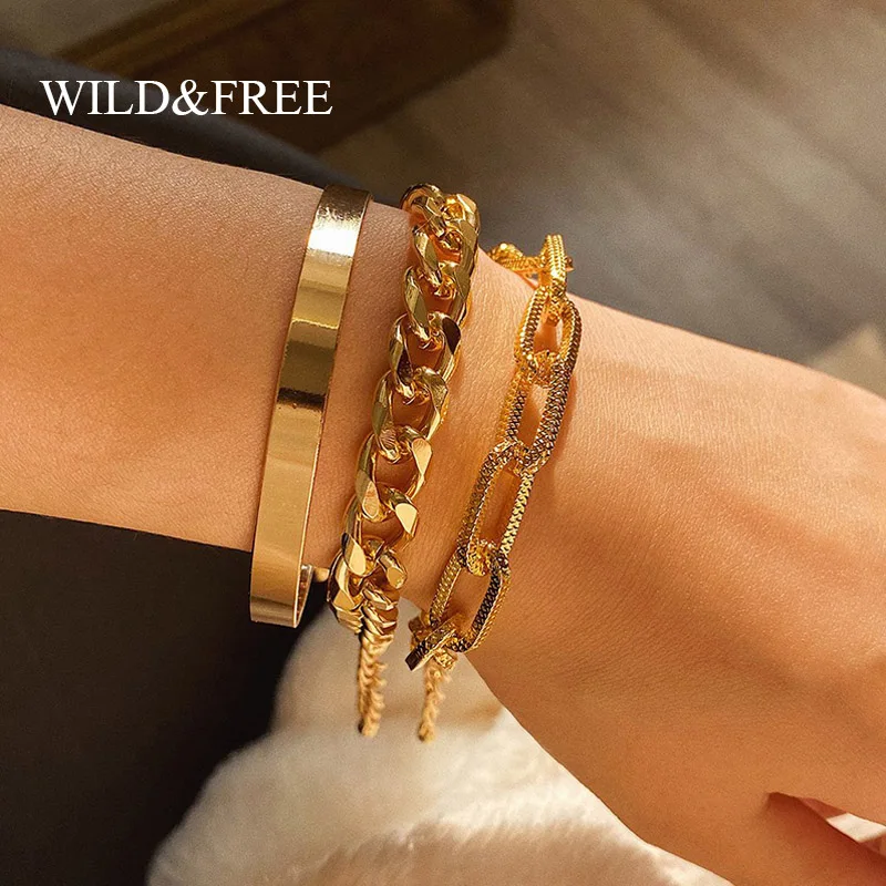 Wild & Free Stainless Steel Curb Cuban Thick Bracelets Chunky Gold Plated Link Toggle Chain Bracelets Bangles For Women Jewelry