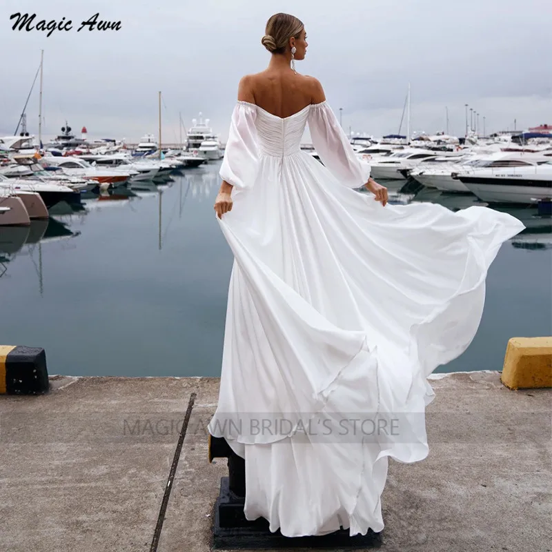 Magic Awn Off The Shoulder Beach abiti da sposa maniche lunghe Chiffon semplice Boho Maraige abiti per le donne 2023 Vestidos De Novia