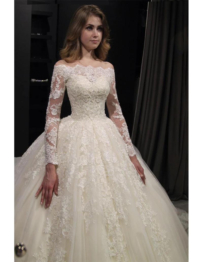 Fashion Scalloped Neck Off Shoulder Long Sleeve Wedding Gowns Ball Gown Princess Wedding Dresses