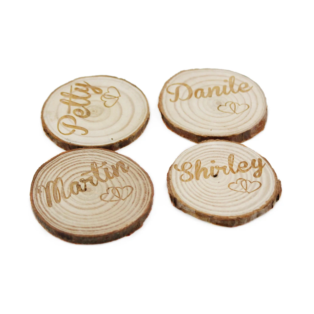 100PCS Personalized Engraved Nature Wood Table Place Name Cards Natural Wood Log Wedding Centerpieces Decor Slices Discs Crafts