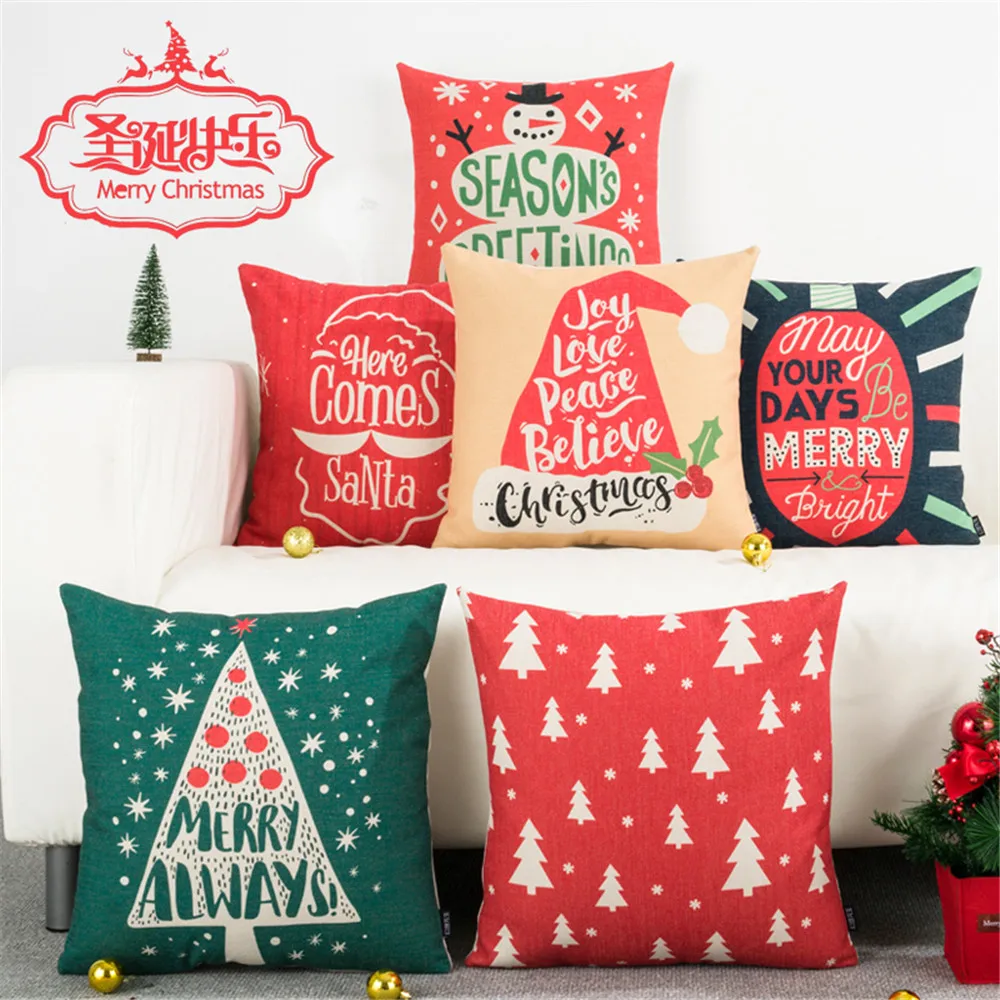 Merry Christmas Cushion Cover Season's Greetings Pillowcase Decor for Home Sofa Seat Snowman Christmas Tree Print Pillow Covers