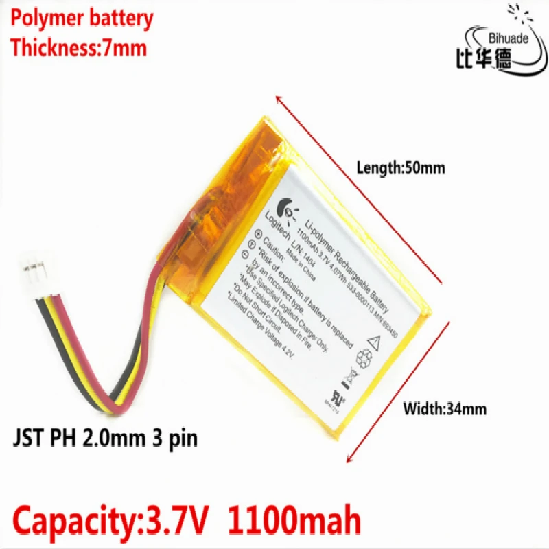 JST PH 2.0mm 3 pin Good Qulity 3.7V,1100mAH,703450 Polymer lithium ion / Li-ion battery for TOY,POWER BANK,GPS,mp3,mp4