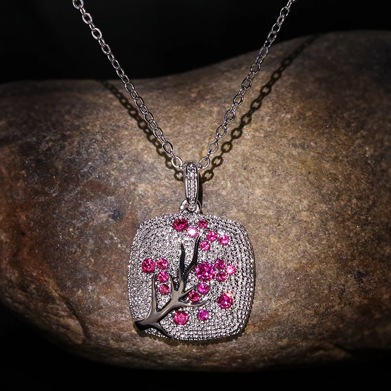 Fine Jewelry red zircon Leaves branch Pendant For Women branch Sparkling Pink Cherry Tree CZ Delicate Fashion