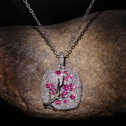 Fine Jewelry red zircon Leaves branch Pendant For Women branch Sparkling Pink Cherry Tree CZ Delicate Fashion