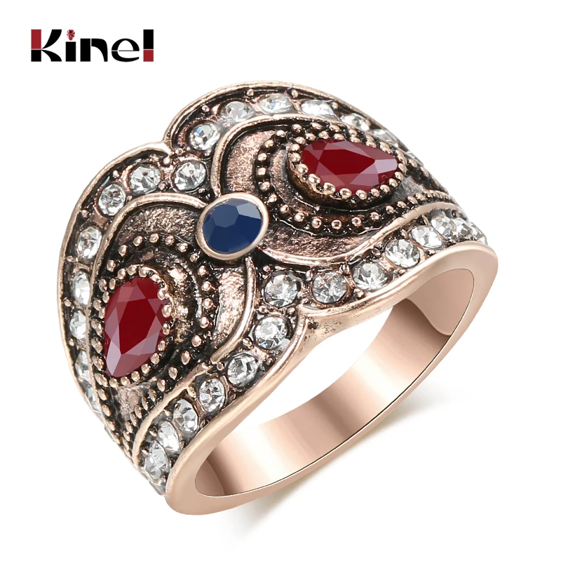 Kinel Fashion Women Ring Antique Gold Red Stone Crystal Flower Big Rings Vintage Wedding Jewelry Drop Shipping