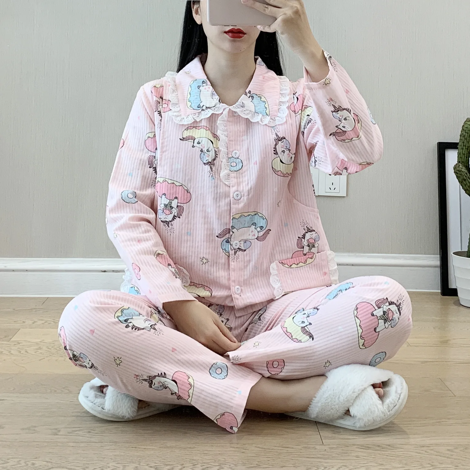 Spring New Breast-feeding Pajamas Plus Size Pure Cotton Double Layer Gauze Maternity Suit Cartoon Printing Pijama Mujer 2 Piece