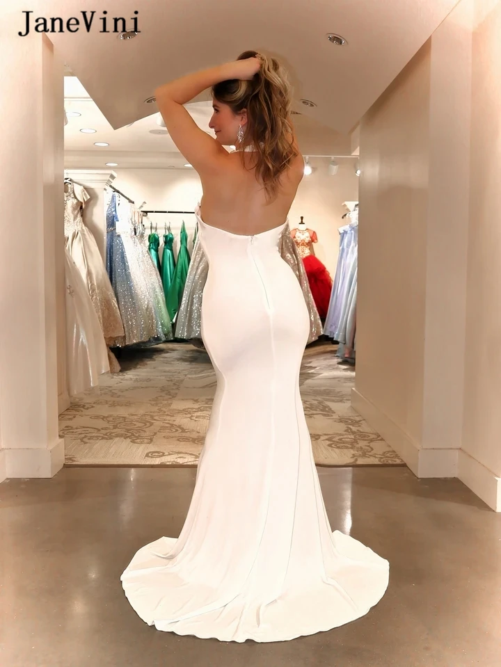 JaneVini Elegant Ivory Mermaid Long Prom Dresses 2020 Halter Sleeveless Crystals Side Split Robe Satin Women Formal Prom Gowns