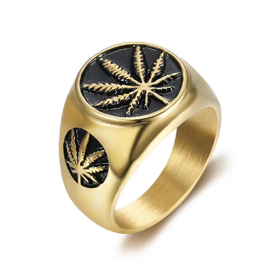 Hip Hop Hemp Maple Leaf Ring Male Gold Color Stainless Steel Rings For Men Women Hiphop Jewelry Christmas Gift Dropshipping