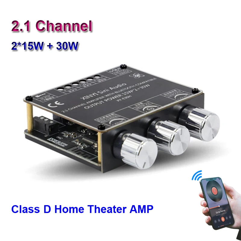Placa amplificadora para subwoofer de potencia Bluetooth, 2,1 canales, 2x15W + 30W, HiFi Clase D, ecualizador de Audio estéreo para cine en casa, amplificador auxiliar
