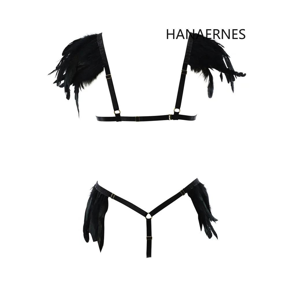 HANAERNES Feather epolety Goth Shoulder Wings Top świąteczna seksowna uprząż bielizna bandaż Bar taniec dostosuj szelki