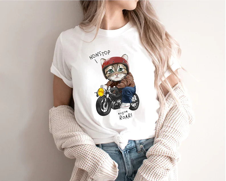 

The cat riding motorcycle shirt Cat lover popular right now fwomen her gift best friend Cotton Funny Letter Print Graphic O Neck