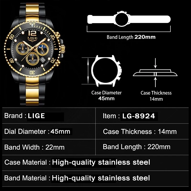 LIGE Fashion Black Gold Clock Top Brand Luxury Stainless Steel Waterproof Quartz Watches Men Sport Chronograph Wrist Watch Man