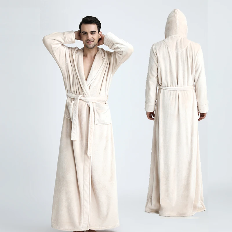 Men Hooded Extra Long Thermal Bathrobe Plus Size Winter Flannel Thickening Warm Kimono Bath Robe Male Dressing Gown Mens Robes