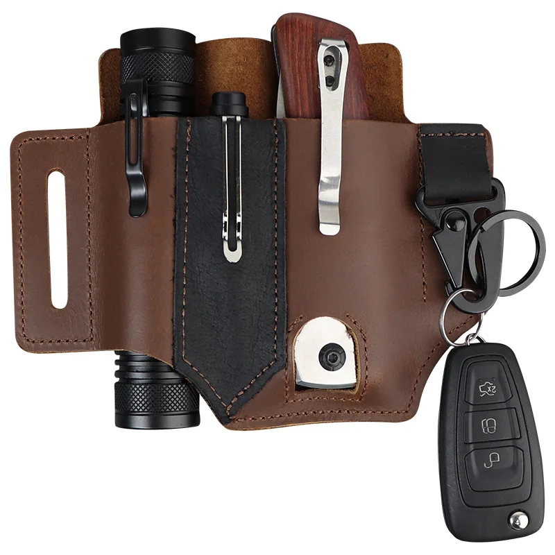 Kulit Sapi Asli Luar Ruangan EDC Taktis Multi Alat Sabuk Selubung Saku Organizer Pena Taktis Senter Tempat Kunci Holster