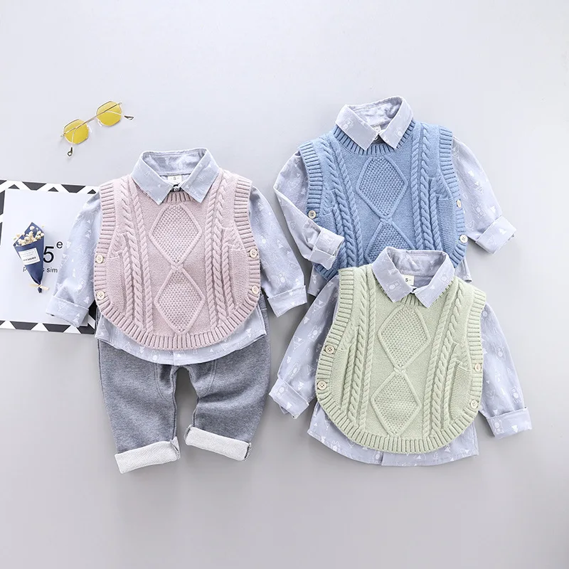 Autum Children Clothing Sets Gentleman Outfits Baby Boys Sweater Vest + Shirt + Pants 3Pcs Suit Winter Kids Clothes 0-4 Years