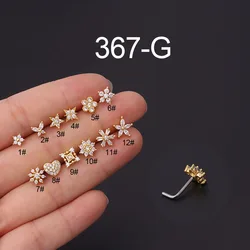 New 1PC Fashion L Shaped Nose Studs Stainless Steel Flower Cubic Zirconia 20G Nostril Bone Screw Indian Nose Ring Piercing