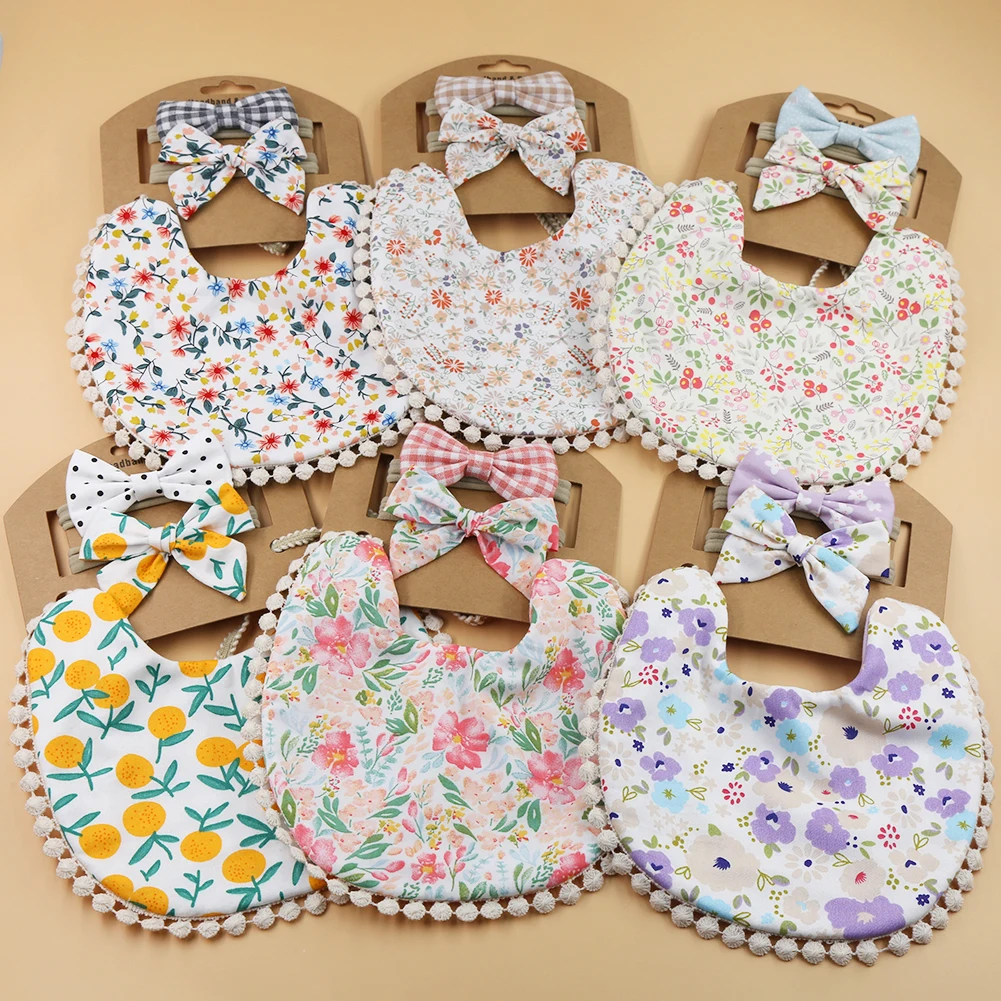 9set Baby Headband Floral Prints Newborn Double Side Bibs Boys Girls Bandana Burp Cloths Feeding Smock Stuff Tassel Saliva Towel