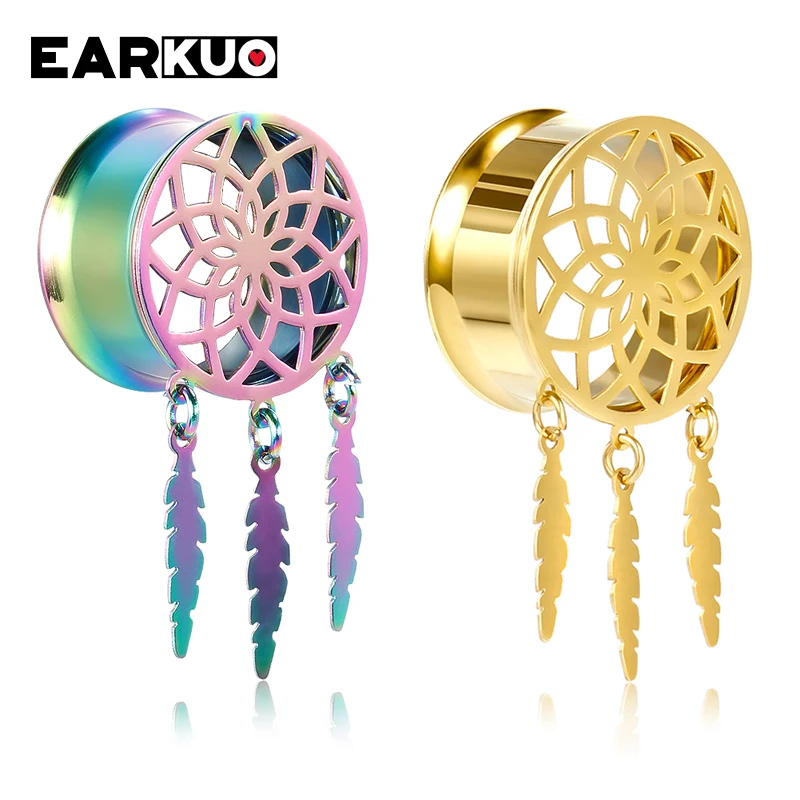 EARKUO Fashion Pearl Dream Catcher Dangle Ear Tunnels Body Piercing Jewelry Crystal Zircon Earring Gauges Plugs Expanders 2PCS