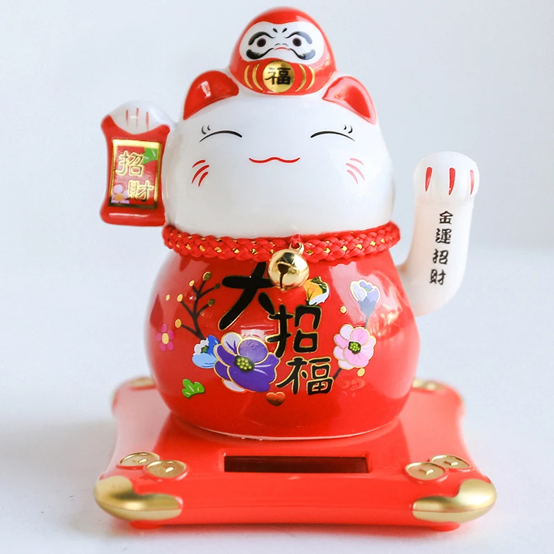 

4.2 inch Solar Powered Ceramic Lucky Cat Daruma Figurine Shaking Arm Beckoning Fortune Cat Home Car Decor Wealth Maneki Neko