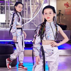 Fashion Silver Hip Hop Clothes For Girls Street Dance Suit Jazz Tops Loose Pants Stage Costume Ballroom Rave Performance Outfit