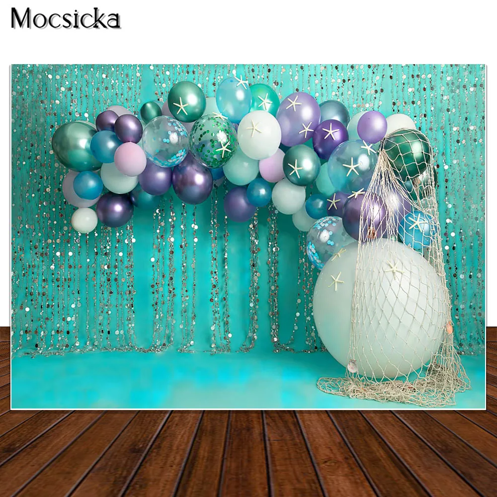 Фон для студийной фотосъемки новорожденных с изображением голубых воздушных шаров медвежонка звезд