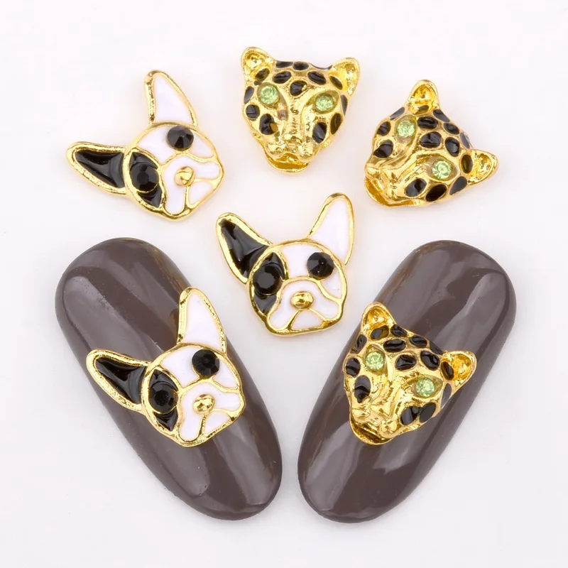 10pcs 3D nail ornaments dog head leopard head charm drop effect design, gold DIY nail accessories QB052-053