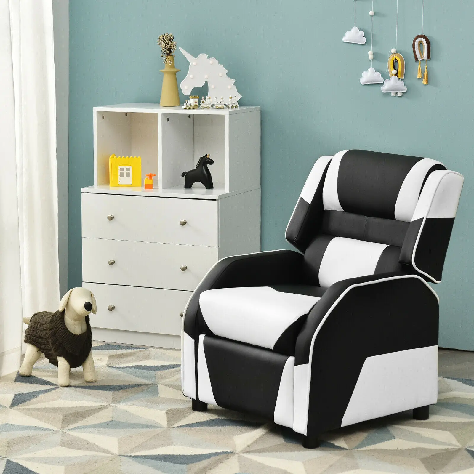 Giantex Kursi Sofa Gaming Anak Muda dengan Sandaran Kepala & Sandaran Kaki Kulit PU HW66874