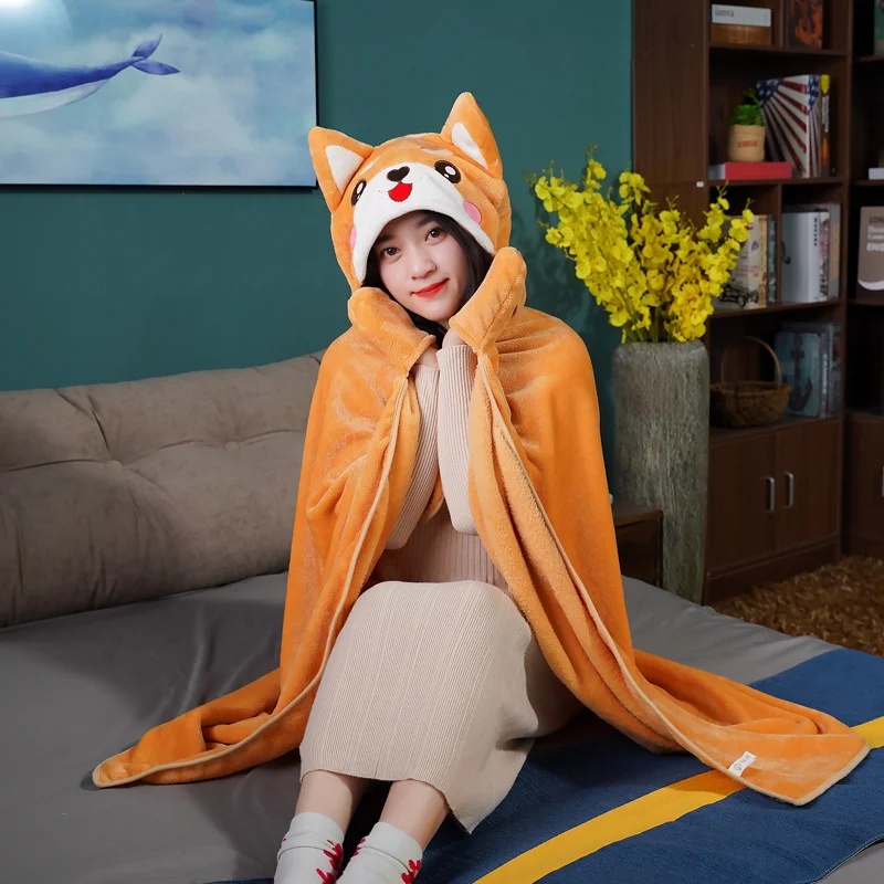 140/170cm Cartoon Shiba Inu Dog  Plush Cloak Lovely Animal Blanket Flannel Fabric Shawl Warm Winter Gift for Baby Girl Xmas Toys