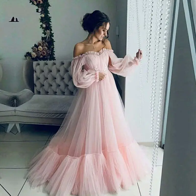 New Arrival Evening Dress Formal Vestido Noiva Sereia Prom Party Robe De Soiree Gown Pink Soft Tulle Long Sleeves Elegant