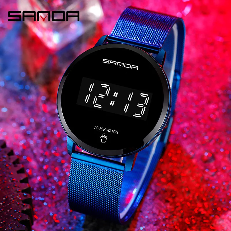 SANDA-relojes digitales Led con pantalla táctil para mujer, pulsera deportiva de lujo con correa de malla de acero, a la moda