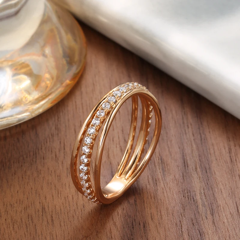 Hollow 3 Rows Overlap Fashion Crystal Rings for Women Romantic 585 Rose Gold Natural Zircon Channel Setting Bride Wedding Rings