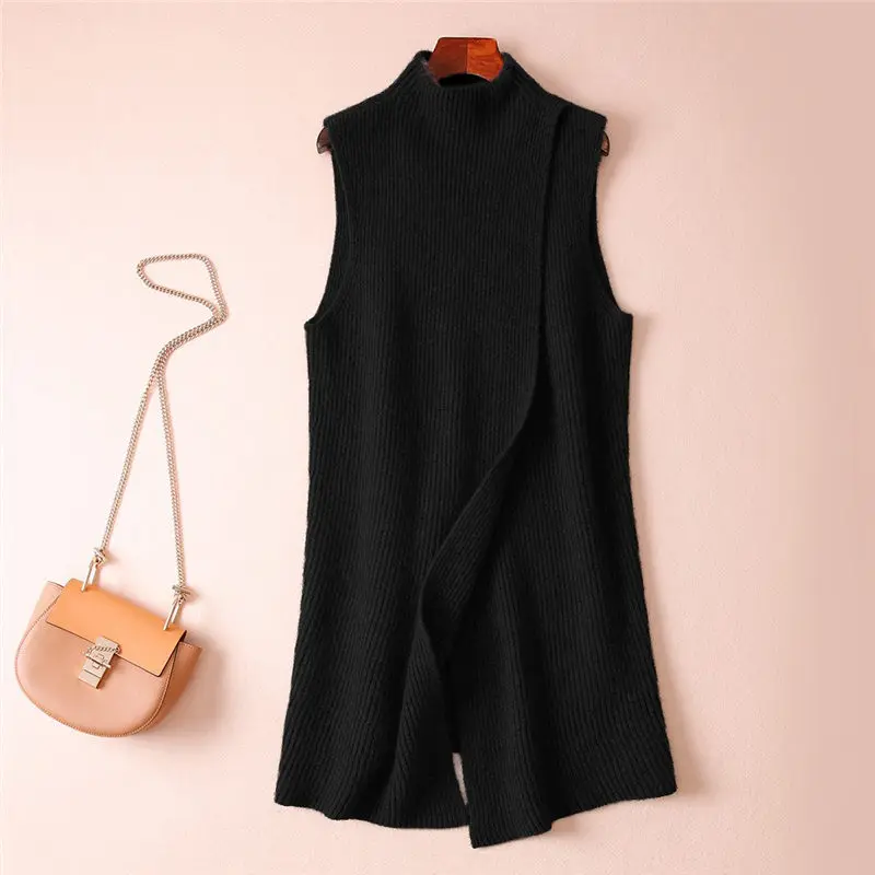 Korean Autumn And Winter Cashmere Knitted Vest Women\'s Mid-Length Loose Waistcoat Sleeveless Sweater Stand Up Collar Tops M859