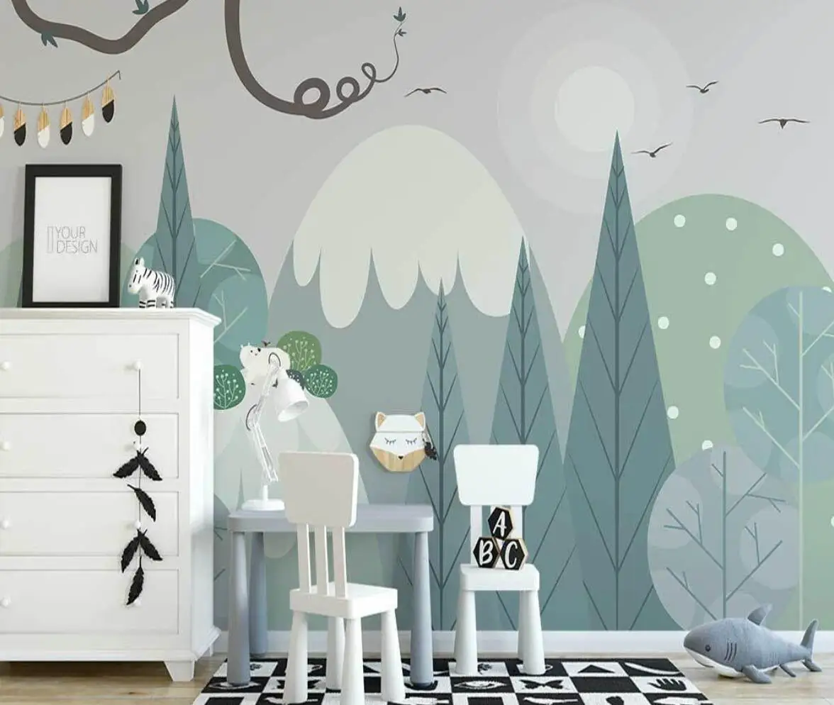 

Custom mural wallpaper Nordic hand-painted woods valley cartoon bear children's room indoor background wall photos 3d wallpaper