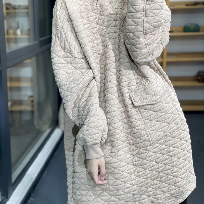 Winter Pullover Women Original Art Japanese Patch Pockets Loose Casual Fashion Pullovers Solid Color Long Diamond Quilted Dress