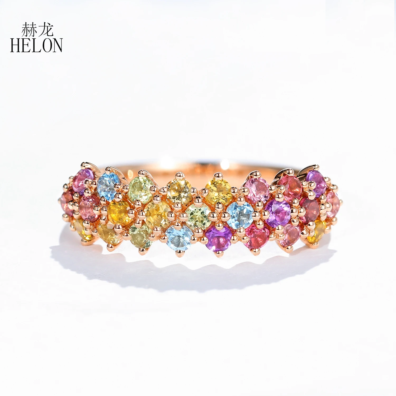 

HELON Solid 14K Rose Gold Certified Round 100% Genuine Natural Citrine Peridot Amethyst Blue Topaz Tourmaline Women Wedding Ring