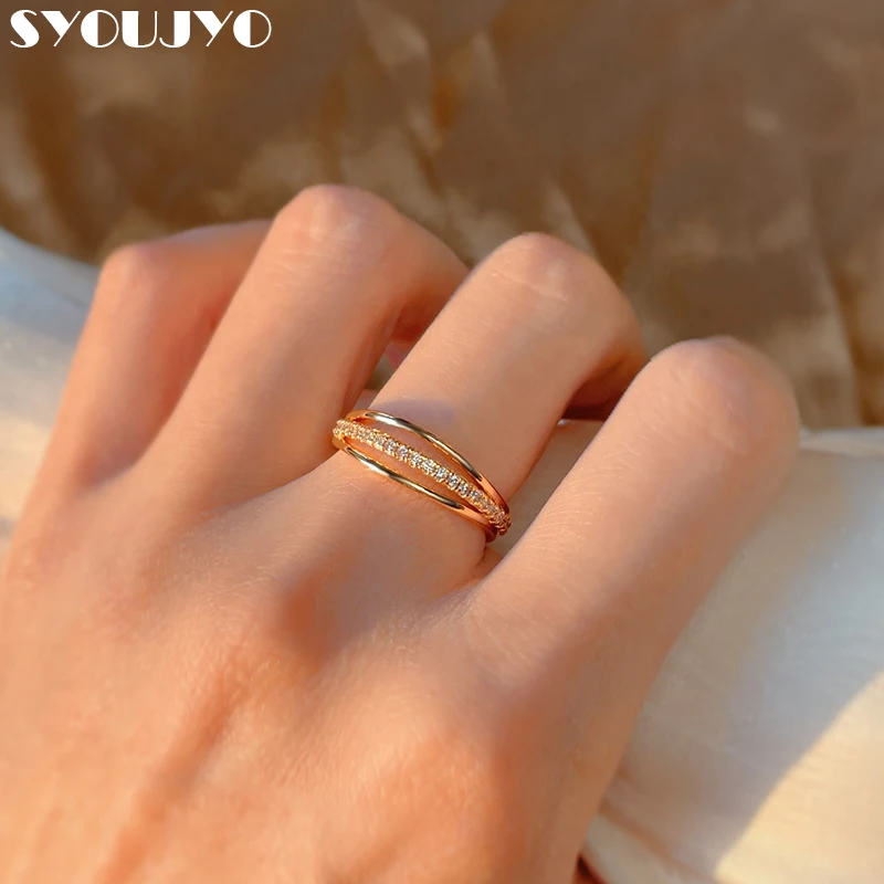 Hollow 3 Rows Overlap Fashion Crystal Rings for Women Romantic 585 Rose Gold Natural Zircon Channel Setting Bride Wedding Rings