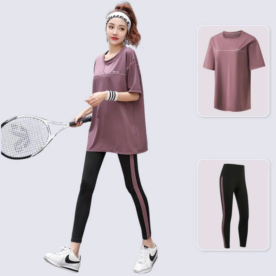 Women Yoga Sets Loose T Shirt+Bra+Long Leggings Quick Dry Fitness Gym Suits Workout Running Sportswear Clothing Breathable Sets