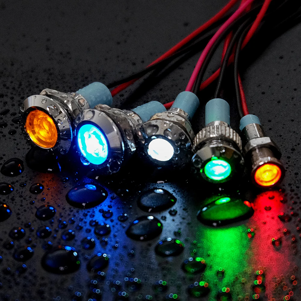 1pcs 8mm Flat head LED Metal Indicator light 8mm waterproof Signal lamp 6V 12V 24V 220v with wire red yellow blue green white