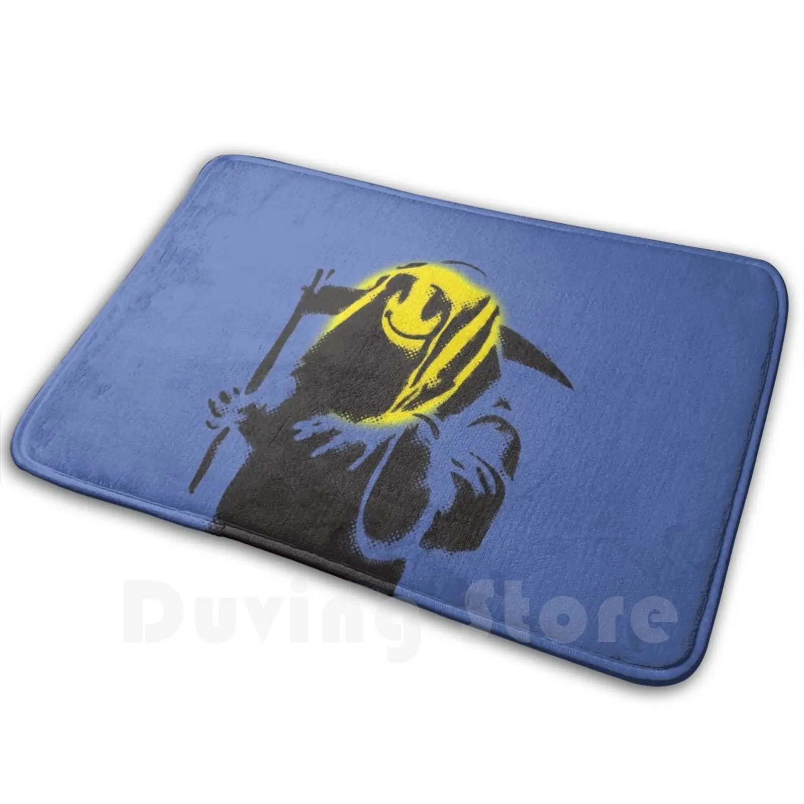 Banksy Graffiti Grim Reaper With Face Yellow And Blue Background Hd High Quality Online Store Carpet Mat Rug Cushion Soft