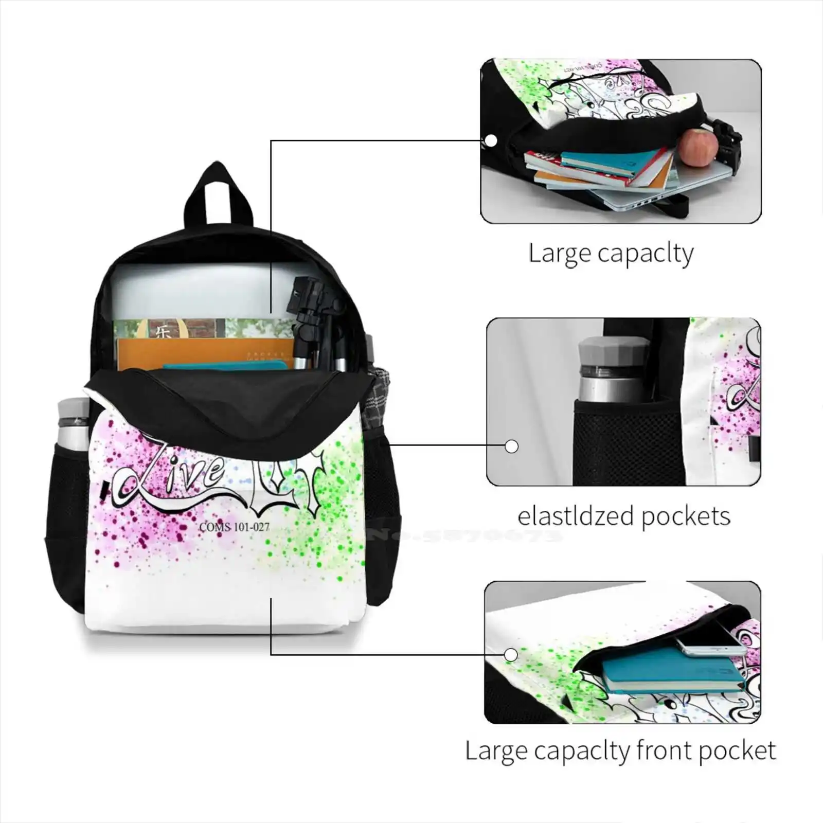 Stay Fit Live Lit Backpack para Estudante, Escola, Laptop, Travel Bag, Motivacional, Classe de Comunicação, Palavras Coloridas