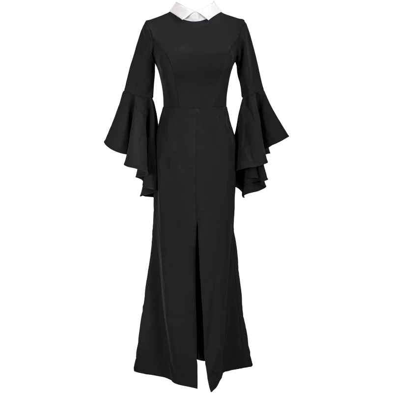 

1015#Ready To Ship 100% Real Photos Bell Sleeve Black Vintage Standard Collar Sheath Split Evening Dresses Women Party Dress