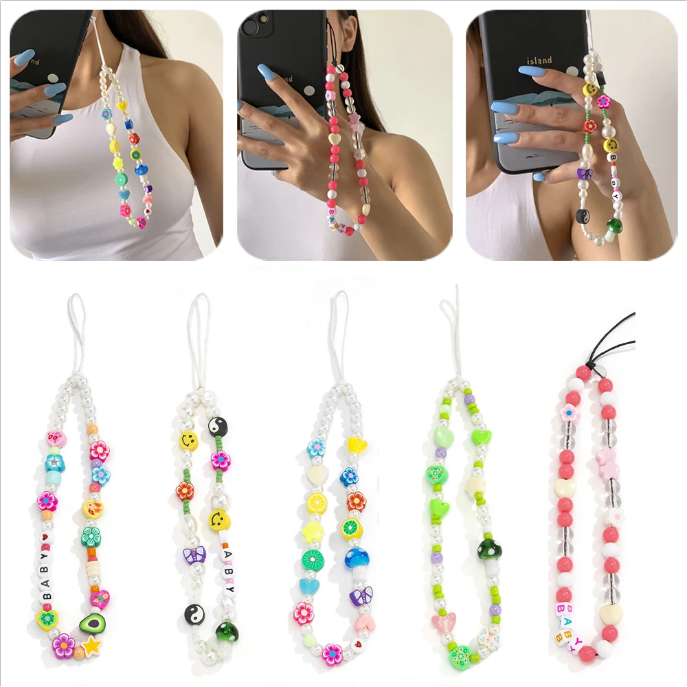 Hot Sale New Woven Love Letter Beaded Anti-lost Phone Chain Soft Ceramic Lanyard Charm Strap Mobile For Girls Phone Choker Keys