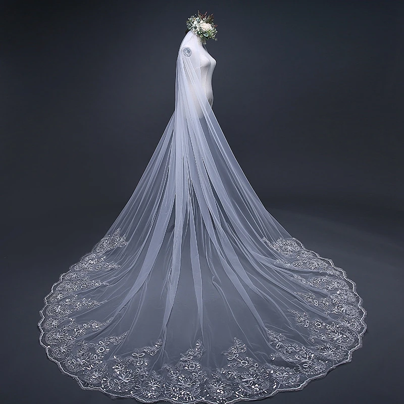 In Lager 3 Meter Weiß Elfenbein Hochzeit schleier Spitze Appliques Welon Novia accesorios Casamento Braut schleier mit Kamm Wesele